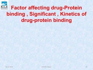 Factor affecting drug-Protein 
binding , Significant , Kinetics of 
drug-protein binding 
02-12-2010 KLECOP, Nipani 25 
 