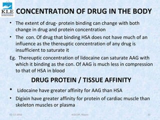 CONCENTRATION OF DRUG IN THE BODY 
• The extent of drug- protein binding can change with both 
change in drug and protein concentration 
• The con. Of drug that binding HSA does not have much of an 
influence as the thereuptic concentration of any drug is 
insufficient to saturate it 
Eg. Thereuptic concentration of lidocaine can saturate AAG with 
which it binding as the con. Of AAG is much less in compression 
to that of HSA in blood 
DRUG PROTEIN / TISSUE AFFINITY 
• Lidocaine have greater affinity for AAG than HSA 
• Digixin have greater affinity for protein of cardiac muscle than 
skeleton muscles or plasma 
02-12-2010 KLECOP, Nipani 32 
 