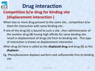 Drug interaction 
Competition b/w drug for binding site 
(displacement interaction ) 
When two or more drug present to the same site , competition b/w 
them for interaction with same binding site . 
If one of the drug (A) is bound to such a site , then administration of 
the another drug (B) having high affinity for same binding site 
result in displacement of drugs (A) from its binding site . This type 
of interaction is known as displacement interaction . 
Wher drug (A) here is called as the displaced drug and drug (B) as the 
displacer . 
Eg. Phenylbutazone displace warferin and sulfonamide fron its binding 
site 
02-12-2010 KLECOP, Nipani 35 
 