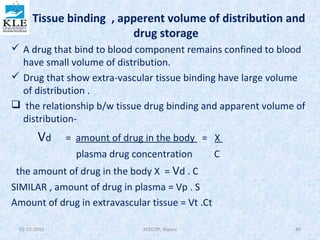 • Tissue binding , apperent volume of distribution and 
drug storage 
 A drug that bind to blood component remains confined to blood 
have small volume of distribution. 
 Drug that show extra-vascular tissue binding have large volume 
of distribution . 
 the relationship b/w tissue drug binding and apparent volume of 
distribution- 
Vd = amount of drug in the body = X 
plasma drug concentration C 
the amount of drug in the body X = Vd . C 
SIMILAR , amount of drug in plasma = Vp . S 
Amount of drug in extravascular tissue = Vt .Ct 
02-12-2010 KLECOP, Nipani 40 
 