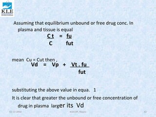 Assuming that equilibrium unbound or free drug conc. In 
plasma and tissue is equal 
C t = fu 
C fut 
mean Cu = Cut then , 
Vd = Vp + Vt . fu 
fut 
substituting the above value in equa. 1 
It is clear that greater the unbound or free concentration of 
drug in plasma larger its Vd 
02-12-2010 KLECOP, Nipani 42 
 