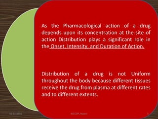 As the Pharmacological action of a drug 
depends upon its concentration at the site of 
action Distribution plays a significant role in 
the Onset, Intensity, and Duration of Action. 
Distribution of a drug is not Uniform 
throughout the body because different tissues 
receive the drug from plasma at different rates 
and to different extents. 
02-12-2010 KLECOP, Nipani 5 
 