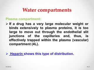 Water compartments
Plasma compartment:
 If a drug has a very large molecular weight or
binds extensively to plasma proteins, it is too
large to move out through the endothelial slit
junctions of the capillaries and, thus, is
effectively trapped within the plasma (vascular)
compartment (4L).
 Heparin shows this type of distribution.
MIHS 21
 