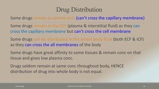 Pharamcology FAZAIA RUTH PFAU MEDICAL COLLEGES 13
Drug Distribution
Some drugs remain in plasma only (can’t cross the capillary membrane)
Some drugs remain in the ECF (plasma & interstitial fluid) as they can
cross the capillary membrane but can’t cross the cell membrane
Some drugs can be distributed in the whole body fluid (both ECF & ICF)
as they can cross the all membranes of the body
Some drugs have great affinity to some tissues & remain conc on that
tissue and gives low plasma conc.
Drugs seldom remain at same conc throughout body, HENCE
distribution of drug into whole body is not equal.
 