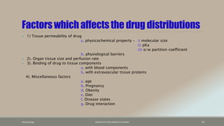Factorswhichaffectsthe drug distributions
 1) Tissue permeability of drug
a. physicochemical property – i) molecular size
ii) pKa
iii) o/w partition coefficient
b. physiological barriers
 2). Organ tissue size and perfusion rate
 3). Binding of drug to tissue components
a. with blood components
b. with extravascular tissue proteins
4). Miscellaneous factors
a. age
b. Pregnancy
d. Obesity
e. Diet
f. Disease states
g. Drug interaction
Pharamcology FAZAIA RUTH PFAU MEDICAL COLLEGES 23
 