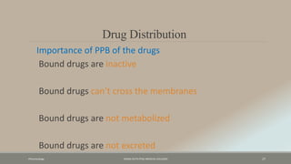 Pharamcology FAZAIA RUTH PFAU MEDICAL COLLEGES 27
Drug Distribution
Importance of PPB of the drugs
Bound drugs are inactive
Bound drugs can’t cross the membranes
Bound drugs are not metabolized
Bound drugs are not excreted
 