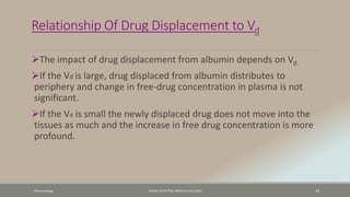 Relationship Of Drug Displacement to Vd
The impact of drug displacement from albumin depends on Vd.
If the Vd is large, drug displaced from albumin distributes to
periphery and change in free-drug concentration in plasma is not
significant.
If the Vd is small the newly displaced drug does not move into the
tissues as much and the increase in free drug concentration is more
profound.
Pharamcology FAZAIA RUTH PFAU MEDICAL COLLEGES 34
 