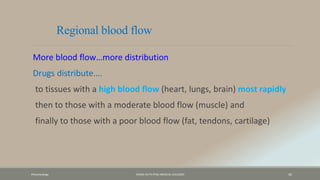 Regional blood flow
More blood flow…more distribution
Drugs distribute….
to tissues with a high blood flow (heart, lungs, brain) most rapidly
then to those with a moderate blood flow (muscle) and
finally to those with a poor blood flow (fat, tendons, cartilage)
Pharamcology FAZAIA RUTH PFAU MEDICAL COLLEGES 35
 