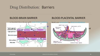 Drug Distribution: Barriers
BLOOD-BRAIN BARRIER
is lipoidal thus drugs with high O/W partition
coefficient diffuse passively others passes
slowly. Only lipid soluble substances can cross
the BBB
Also unique mechanisms
A) permeation enhancers ;- dimethyl
sulfoxide
B) pro- drug approach ;- dopamine----
livodopa
BLOOD-PLACENTAL BARRIER
Both are separated by fetal trophoblast
basement membrane & endothelium .
Mol wt <1000 Dalton & moderate to high lipid
solubility drugs like….. sulfonamides,
barbiturates, steroids, narcotic and some
antibiotics ) cross the barrier by simple
diffusion rapidly
Only low molecular weight - Lipid Soluble
drugs permit to cross
Pharamcology FAZAIA RUTH PFAU MEDICAL COLLEGES 36
 