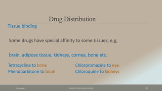 Pharamcology FAZAIA RUTH PFAU MEDICAL COLLEGES 37
Drug Distribution
Tissue binding
Some drugs have special affinity to some tissues, e,g,
brain, adipose tissue, kidneys, cornea, bone etc.
Tetracycline to bone
Phenobarbitone to brain
Chlorpromazine to eye
Chloroquine to kidneys
 