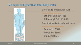 Pharamcology FAZAIA RUTH PFAU MEDICAL COLLEGES 42
Vd equal or higher than total body water
Diffusion to intracelullar fluid
Vd equal to total body water
◦Ethanol 38 L (34-41)
◦Alfentanyl 56 L (35-77)
Drug that binds strongly to tissues
Vd higher than total body water
◦Fentanyl: 280 L
◦Propofol: 560 L
◦Digoxin:385 L
 