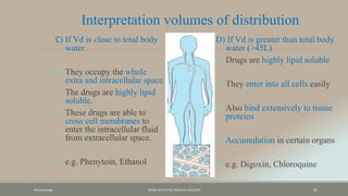 Pharamcology FAZAIA RUTH PFAU MEDICAL COLLEGES 44
C) If Vd is close to total body
water
 They occupy the whole
extra and intracellular space
 The drugs are highly lipid
soluble.
 These drugs are able to
cross cell membranes to
enter the intracellular fluid
from extracellular space.
 e.g. Phenytoin, Ethanol
D) If Vd is greater than total body
water (>45L)
 Drugs are highly lipid soluble
 They enter into all cells easily
 Also bind extensively to tissue
proteins
 Accumulation in certain organs
 e.g. Digoxin, Chloroquine
Interpretation volumes of distribution
 
