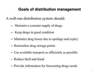 Goals of distribution management
A well-run distribution system should:
– Maintain a constant supply of drugs
– Keep drugs in good condition
– Minimize drug losses due to spoilage and expiry
– Rationalize drug storage points
– Use available transport as efficiently as possible
– Reduce theft and fraud
– Provide information for forecasting drugs needs
5
 