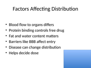 Factors Affecting Distribution
• Blood flow to organs differs
• Protein binding controls free drug
• Fat and water content matters
• Barriers like BBB affect entry
• Disease can change distribution
• Helps decide dose
 