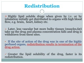 Redistribution 
 Highly lipid soluble drugs when given by i.v. or by 
inhalation initially get distributed to organs with high blood 
flow, e.g. brain, heart, kidney etc. 
 Later, less vascular but more bulky tissues (muscles,fat) 
take up the drug and plasma concentration falls and drug is 
withdrawn from these sites. 
 If the site of action of the drug was in one of the highly 
perfused organs, redistribution results in termination of the 
drug action. 
 Greater the lipid solubility of the drug, faster is its 
redistribution. 
 