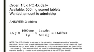Order: 1.5 g PO 4X daily
Available: 500 mg scored tablets
Wanted: amount to administer
ANSWER: 3 tablets
1.5 𝑔 ×
1000 𝑚𝑔
1 𝑔
×
1 𝑡𝑎𝑏𝑙𝑒𝑡
500 𝑚𝑔
= 3 𝑡𝑎𝑏𝑙𝑒𝑡𝑠
NOTE: The “PO 4X daily” is not used in the calculation. Always interpret the “amount to
administer” as per dose, unless specifically asked for the daily total or some other total. Start
with simple unit (g) which needs to be converted to mg (because the tablets are given in mg).
That cancels g. Then write the mass per tablet so that the mg also cancels (your answer has
the units “tablets”). “Tablets” is left standing and that is the unit of your answer.
 