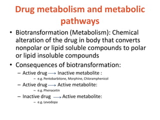 Drug metabolism and metabolic
pathways
• Biotransformation (Metabolism): Chemical
alteration of the drug in body that converts
nonpolar or lipid soluble compounds to polar
or lipid insoluble compounds
• Consequences of biotransformation:
– Active drug Inactive metabolite :
– e.g. Pentobarbitone, Morphine, Chloramphenicol
– Active drug Active metabolite:
– e.g. Phenacetin
– Inactive drug Active metabolite:
– e.g. Levodopa
 
