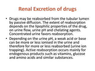 Renal Excretion of drugs
• Drugs may be reabsorbed from the tubular lumen
by passive diffusion. The extent of reabsorption
depends on the lipophilic properties of the drug,
on urine flow, urine pH and chelating agents.
Concentrated urine favors reabsorption.
• Depending on the urine pH, a weak acid or base
can be more or less ionised in the urine and
therefore for more or less reabsorbed (urine ion
trapping). Active reabsorption occurs mainly for
endogenous products such as vitamins, glucose
and amino acids and similar substances.
 