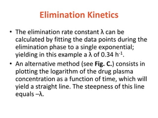 Elimination Kinetics
• The elimination rate constant λ can be
calculated by fitting the data points during the
elimination phase to a single exponential;
yielding in this example a λ of 0.34 h-1.
• An alternative method (see Fig. C.) consists in
plotting the logarithm of the drug plasma
concentration as a function of time, which will
yield a straight line. The steepness of this line
equals –λ.
 