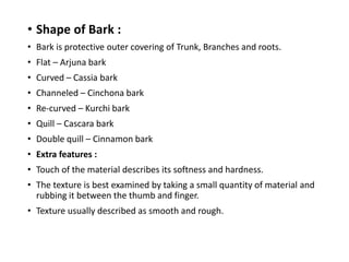 • Shape of Bark :
• Bark is protective outer covering of Trunk, Branches and roots.
• Flat – Arjuna bark
• Curved – Cassia bark
• Channeled – Cinchona bark
• Re-curved – Kurchi bark
• Quill – Cascara bark
• Double quill – Cinnamon bark
• Extra features :
• Touch of the material describes its softness and hardness.
• The texture is best examined by taking a small quantity of material and
rubbing it between the thumb and finger.
• Texture usually described as smooth and rough.
 