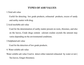 TYPES OFASH VALUES
1.Total ash value
Useful for detecting low grade products, exhausted products, excess of sandy
and eart...