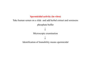Spermicidal activity (in-vitro)
Take human semen on a slide and add herbal extract and sorensens
phosphate buffer
Microsco...