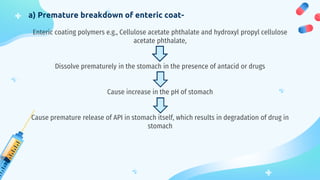 a) Premature breakdown of enteric coat-
Enteric coating polymers e.g., Cellulose acetate phthalate and hydroxyl propyl cellulose
acetate phthalate,
Dissolve prematurely in the stomach in the presence of antacid or drugs
Cause increase in the pH of stomach
Cause premature release of API in stomach itself, which results in degradation of drug in
stomach
 