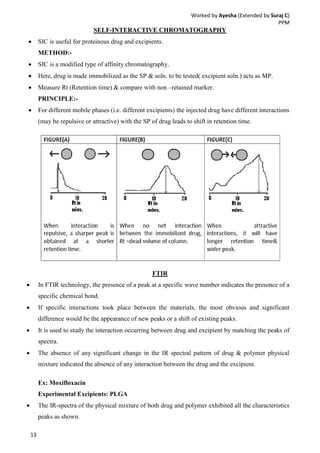 Worked by Ayesha (Extended by Suraj C)
PPM
13
SELF-INTERACTIVE CHROMATOGRAPHY
 SIC is useful for proteinous drug and excipients.
METHOD:-
 SIC is a modified type of affinity chromatography.
 Here, drug is made immobilized as the SP & soln. to be tested( excipient soln.) acts as MP.
 Measure Rt (Retention time) & compare with non –retained marker.
PRINCIPLE:-
 For different mobile phases (i.e. different excipients) the injected drug have different interactions
(may be repulsive or attractive) with the SP of drug leads to shift in retention time.
FTIR
 In FTIR technology, the presence of a peak at a specific wave number indicates the presence of a
specific chemical bond.
 If specific interactions took place between the materials, the most obvious and significant
difference would be the appearance of new peaks or a shift of existing peaks.
 It is used to study the interaction occurring between drug and excipient by matching the peaks of
spectra.
 The absence of any significant change in the IR spectral pattern of drug & polymer physical
mixture indicated the absence of any interaction between the drug and the excipient.
Ex: Moxifloxacin
Experimental Excipients: PLGA
 The IR-spectra of the physical mixture of both drug and polymer exhibited all the characteristics
peaks as shown.
 