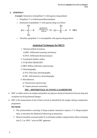 Worked by Ayesha (Extended by Suraj C)
PPM
9
2. AEROSOLS
Example: Interaction of propellant-11 with aqueous drug products
o Propellant 11 is trichloromonofluoromethane.
o Interaction of propellant 11 with aqueous drug is as follow
o Therefore, propellant 11 is incompatible with aqueous drug products.
Analytical Techniques for DECS
1. Thermal method of analysis
a) DSC- Differential scanning calorimetry
b) DTA- Differential thermal analysis
2. Accelerated stability studies
3. FT-IR SPECTROSCOPY
4. DRS- Diffuse reflectance spectroscopy
5. Chromatography
a) TLC-Thin layer chromatography
b) SIC -Self interactive chromatography
6. Miscellaneous
a) Fluorescence spectroscopy
b) Vapour pressure osmometry
DSC – DIFFERENTIAL SCANNING CALORIMETRY
 DSC is widely used to investigate and predict any physico-chemical interaction between drug and
excipients involving thermal changes.
 DSC is the measurement of rate of heat evolved or absorbed by the sample, during a temperature
programme.
METHOD:
 The preformulation screening of drug-excipient interaction requires (1:1) Drug:excipient
ratio, to maximize the likehood of observing an interaction.
 Mixture should be examined under N2 to eliminate oxidative and pyrrolytic effects at heating
rate (2, 5 or 100 C / min) on DSC apparatus.
 