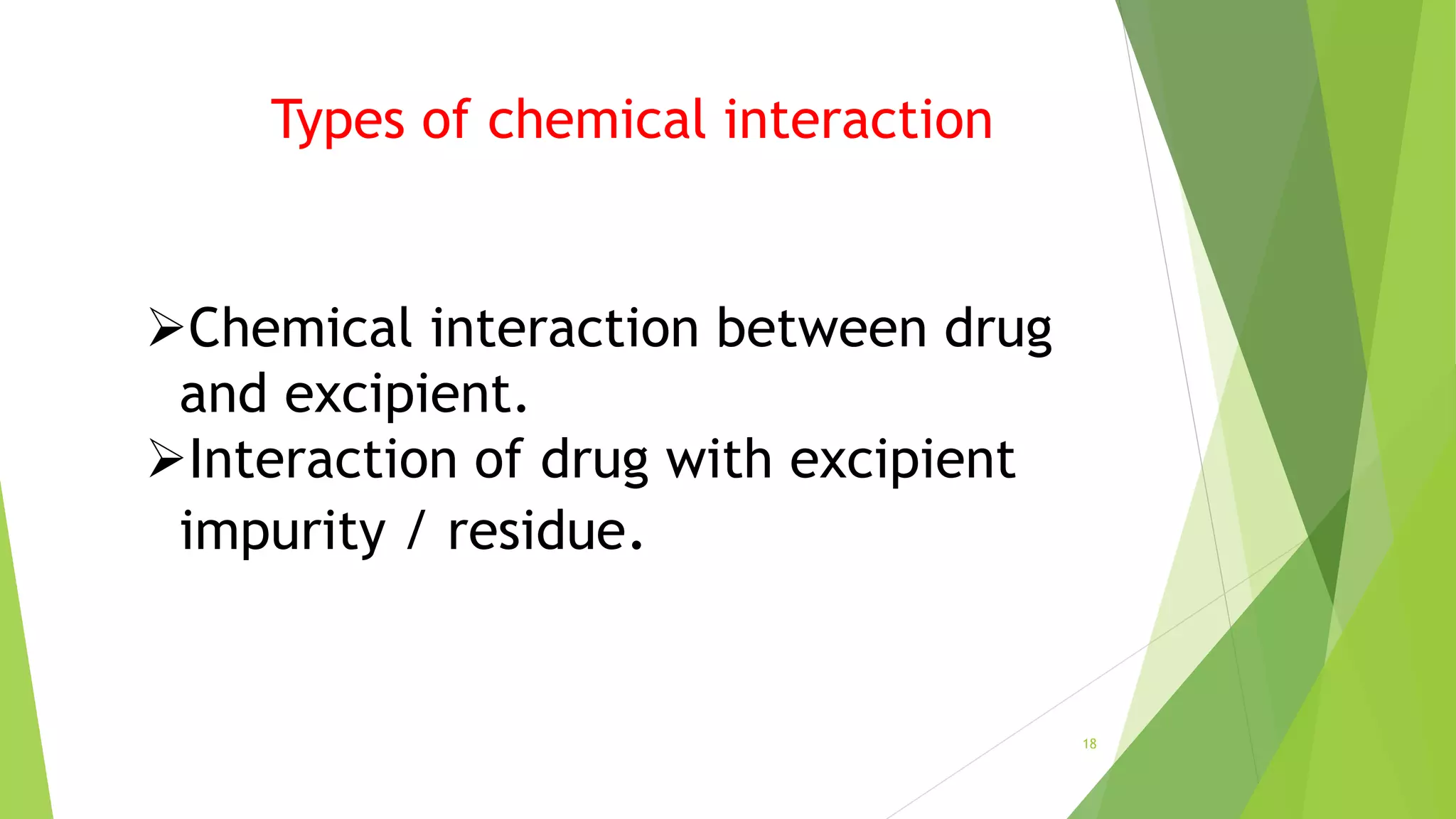 Types of chemical interaction
Chemical interaction between drug
and excipient.
Interaction of drug with excipient
impurity / residue.
18
 