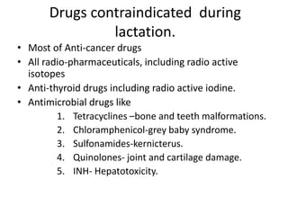 Drugs contraindicated during
lactation.
• Most of Anti-cancer drugs
• All radio-pharmaceuticals, including radio active
isotopes
• Anti-thyroid drugs including radio active iodine.
• Antimicrobial drugs like
1. Tetracyclines –bone and teeth malformations.
2. Chloramphenicol-grey baby syndrome.
3. Sulfonamides-kernicterus.
4. Quinolones- joint and cartilage damage.
5. INH- Hepatotoxicity.
 