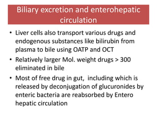 Biliary excretion and enterohepatic
circulation
• Liver cells also transport various drugs and
endogenous substances like bilirubin from
plasma to bile using OATP and OCT
• Relatively larger Mol. weight drugs > 300
eliminated in bile
• Most of free drug in gut, including which is
released by deconjugation of glucuronides by
enteric bacteria are reabsorbed by Entero
hepatic circulation
 