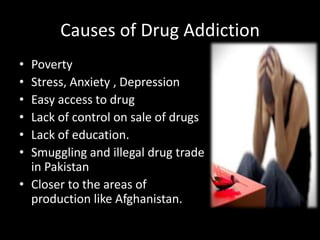 Causes of Drug Addiction
• Poverty
• Stress, Anxiety , Depression
• Easy access to drug
• Lack of control on sale of drugs
• Lack of education.
• Smuggling and illegal drug trade
in Pakistan
• Closer to the areas of
production like Afghanistan.
 