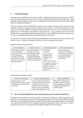 Drug-Free ASEAN 2015: Status and Recommendations
41
3. Current Response
In response to the historical and current levels of abuse, trafficking and production, governments in ASEAN
have put in place national plans for action which are implemented by drug control authorities. These
authorities (See Box 1) play a pivotal role in coordinating the overall activities of government in both Supply
Reduction and Demand Reduction.
Since the inception of the ACCORD Plan of Action, annual meetings have taken place with drug control
authorities to determine progress made and identify areas of concern. These meeting take place in the
context of Task Force Mechanism under the Pillars of the Plan of Action (Civic Awareness, Demand
Reduction, Law Enforcement and Alternative Development). A key component of the Task Force
Mechanism is the reports submitted by drug control agencies. The ACCORD Joint Secretariat now has over
five years of compiled reports and these constitute the basis of this section.
For this review of current response (2006) the ACCORD Plan of Action has been used to determine the
themes to review. Following is summary of the Plan of Action as it applies to the section:
Supply Reduction (Pillars III and IV)
National Capacity Precursor Control Regional Cooperation Alternative Development
Enhance training capacity
of law enforcement
agencies under all relevant
areas by setting up a
comprehensive training
plan which is monitored
and is part of the national
training curriculum.
Prevent the availability of
precursor chemical by
developing partnerships
with the industry and
strengthening regulatory
methods for backtracking
and regional collaboration.
Cross Border
Cooperation:
q Increase border
cooperation and
strengthen liaison
structures.
Mutual Legal Assistance:
q Strengthen mechanisms
to facilitate international
cooperation in drug
related investigations and
prosecutions.
Provide sustainable
alternatives for affected
communities and establish
coping mechanisms for
market-led livelihood
development.
Demand Reduction (Pillars I and II)
Prevention and Education Treatment and Rehabilitation Addressing HIV/AIDS
Prioritize areas for social
partnerships and monitor the impact
of campaigns by government and
civil society.
Increase quality and coverage of
treatment and establish network of
practitioners who are ware of
modalities for care and support.
Review punitive measures and
improve accessibility to services.
Reduce HIV vulnerability and
strengthen national capacity to
deliver programmes to targeted
populations including those in
custodial settings.
3.1 Review of Demand Reduction projects and programmes by international organizations
In addition, this section includes relevant activities of international organizations. These organizations often
play a key role in providing services or in increasing national capacity. The United Nations Office on Drugs
and Crime is a key multilateral stakeholder in drug control and the projects implemented by the organization
at the regional and country level are a significant aspect of the drug control efforts of the region. Annex C
provides a full overview of the projects implemented by UNODC in ASEAN countries.
 