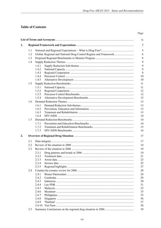 Drug-Free ASEAN 2015: Status and Recommendations
vii
Table of Contents
Page
List of Terms and Acronyms .............................................................................................................. ix
1. Regional Framework and Expectations................................................................................. 5
1.1 National and Regional Expectations – What is Drug Free?............................................. 5
1.2 Global, Regional and National Drug Control Regime and Framework........................... 6
1.3 Proposed Regional Benchmarks to Monitor Progress ..................................................... 8
1.4 Supply Reduction Themes ............................................................................................... 9
1.4.1 Supply Reduction Sub-themes ............................................................................ 9
1.4.2 National Capacity................................................................................................ 9
1.4.3 Regional Cooperation ......................................................................................... 9
1.4.4 Precursor Control ................................................................................................ 10
1.4.5 Alternative Development .................................................................................... 10
1.5 Supply Reduction Benchmarks ........................................................................................ 11
1.5.1 National Capacity................................................................................................ 11
1.5.2 Regional Cooperation ......................................................................................... 12
1.5.3 Precursor Control Benchmarks ........................................................................... 12
1.5.4 Alternative Development Benchmarks ............................................................... 12
1.6 Demand Reduction Themes ............................................................................................. 13
1.6.1 Demand Reduction Sub-themes .......................................................................... 13
1.6.2 Prevention, Education and Information .............................................................. 13
1.6.3 Treatment and Rehabilitation .............................................................................. 13
1.6.4 HIV/AIDS ........................................................................................................... 14
1.7 Demand Reduction Benchmarks...................................................................................... 14
1.7.1 Prevention and Education Benchmarks .............................................................. 14
1.7.2 Treatment and Rehabilitation Benchmarks ......................................................... 15
1.7.3 HIV/AIDS Benchmarks ...................................................................................... 16
2. Overview of Regional Drug Situation .................................................................................... 17
2.1 Data integrity.................................................................................................................... 17
2.2 Review of the situation in 2000 ....................................................................................... 18
2.3 Review of the situation in 2006 ....................................................................................... 19
2.3.1 Drug patterns and trends in 2006 ........................................................................ 19
2.3.2 Treatment data..................................................................................................... 21
2.3.3 Arrest data ........................................................................................................... 23
2.3.4 Seizure data ......................................................................................................... 25
2.3.5 Regional highlights ............................................................................................. 27
2.4 Country-by-country review for 2006 ............................................................................... 28
2.4.1 Brunei Darussalam .............................................................................................. 28
2.4.2 Cambodia ............................................................................................................ 29
2.4.3 Indonesia ............................................................................................................. 30
2.4.4 Lao PDR.............................................................................................................. 31
2.4.5 Malaysia .............................................................................................................. 32
2.4.6 Myanmar ............................................................................................................. 33
2.4.7 Philippines........................................................................................................... 35
2.4.8 Singapore ............................................................................................................ 36
2.4.9 Thailand .............................................................................................................. 37
2.4.10 Viet Nam ............................................................................................................. 38
2.5 Summary Conclusions on the regional drug situation in 2006 ........................................ 39
 