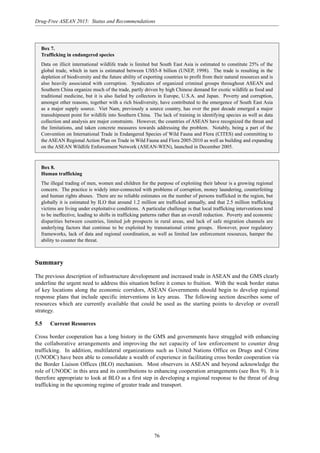 76
Drug-Free ASEAN 2015: Status and Recommendations
Summary
The previous description of infrastructure development and increased trade in ASEAN and the GMS clearly
underline the urgent need to address this situation before it comes to fruition. With the weak border status
of key locations along the economic corridors, ASEAN Governments should begin to develop regional
response plans that include specific interventions in key areas. The following section describes some of
resources which are currently available that could be used as the starting points to develop or overall
strategy.
5.5 Current Resources
Cross border cooperation has a long history in the GMS and governments have struggled with enhancing
the collaborative arrangements and improving the net capacity of law enforcement to counter drug
trafficking. In addition, multilateral organizations such as United Nations Office on Drugs and Crime
(UNODC) have been able to consolidate a wealth of experience in facilitating cross border cooperation via
the Border Liaison Offices (BLO) mechanism. Most observers in ASEAN and beyond acknowledge the
role of UNODC in this area and its contributions to enhancing cooperation arrangements (see Box 9). It is
therefore appropriate to look at BLO as a first step in developing a regional response to the threat of drug
trafficking in the upcoming regime of greater trade and transport.
Box 7.
Trafficking in endangered species
Data on illicit international wildlife trade is limited but South East Asia is estimated to constitute 25% of the
global trade, which in turn is estimated between US$5-8 billion (UNEP, 1998). The trade is resulting in the
depletion of biodiversity and the future ability of exporting countries to profit from their natural resources and is
also heavily associated with corruption. Syndicates of organized criminal groups throughout ASEAN and
Southern China organize much of the trade, partly driven by high Chinese demand for exotic wildlife as food and
traditional medicine, but it is also fueled by collectors in Europe, U.S.A. and Japan. Poverty and corruption,
amongst other reasons, together with a rich biodiversity, have contributed to the emergence of South East Asia
as a major supply source. Viet Nam, previously a source country, has over the past decade emerged a major
transshipment point for wildlife into Southern China. The lack of training in identifying species as well as data
collection and analysis are major constraints. However, the countries of ASEAN have recognized the threat and
the limitations, and taken concrete measures towards addressing the problem. Notably, being a part of the
Convention on International Trade in Endangered Species of Wild Fauna and Flora (CITES) and committing to
the ASEAN Regional Action Plan on Trade in Wild Fauna and Flora 2005-2010 as well as building and expanding
on the ASEAN Wildlife Enforcement Network (ASEAN-WEN), launched in December 2005.
Box 8.
Human trafficking
The illegal trading of men, women and children for the purpose of exploiting their labour is a growing regional
concern. The practice is widely inter-connected with problems of corruption, money laundering, counterfeiting
and human rights abuses. There are no reliable estimates on the number of persons trafficked in the region, but
globally it is estimated by ILO that around 1.2 million are trafficked annually, and that 2.5 million trafficking
victims are living under exploitative conditions. A particular challenge is that local trafficking interventions tend
to be ineffective, leading to shifts in trafficking patterns rather than an overall reduction. Poverty and economic
disparities between countries, limited job prospects in rural areas, and lack of safe migration channels are
underlying factors that continue to be exploited by transnational crime groups. However, poor regulatory
frameworks, lack of data and regional coordination, as well as limited law enforcement resources, hamper the
ability to counter the threat.
 