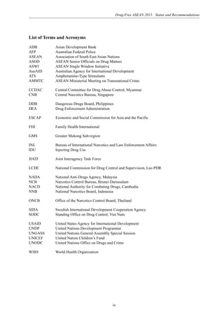 Drug-Free ASEAN 2015: Status and Recommendations
ix
List of Terms and Acronyms
ADB Asian Development Bank
AFP Australian Federal Police
ASEAN Association of South East Asian Nations
ASOD ASEAN Senior Officials on Drug Matters
ASWI ASEAN Single Window Initiative
AusAID Australian Agency for International Development
ATS Amphetamine-Type Stimulants
AMMTC ASEAN Ministerial Meeting on Transnational Crime
CCDAC Central Committee for Drug Abuse Control, Myanmar
CNB Central Narcotics Bureau, Singapore
DDB Dangerous Drugs Board, Philippines
DEA Drug Enforcement Administration
ESCAP Economic and Social Commission for Asia and the Pacific
FHI Family Health International
GMS Greater Mekong Sub-region
INL Bureau of International Narcotics and Law Enforcement Affairs
IDU Injecting Drug Use
JIATF Joint Interagency Task Force
LCDC National Commission for Drug Control and Supervision, Lao PDR
NADA National Anti-Drugs Agency, Malaysia
NCB Narcotics Control Bureau, Brunei Darussalam
NACD National Authority for Combating Drugs, Cambodia
NNB National Narcotics Board, Indonesia
ONCB Office of the Narcotics Control Board, Thailand
SIDA Swedish International Development Cooperation Agency
SODC Standing Office on Drug Control, Viet Nam
USAID United States Agency for International Development
UNDP United Nations Development Programme
UNGASS United Nations General Assembly Special Session
UNICEF United Nation Children’s Fund
UNODC United Nations Office on Drugs and Crime
WHO World Health Organization
 