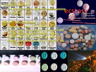 Scientific Name:   3-4 MethyleneDioxyMethAmphetamine  or MDMA Street / Slang Names Designers Drug, X, XTC, Rave, E, Eckie, Love Drug, Flying Saucer, LBD or Libido, Jagged Little Pill, Adam, Eve, Artist Drug, Hug Drug, MDA, MDEA, Love Doves, Disco Biscuit, etc. 