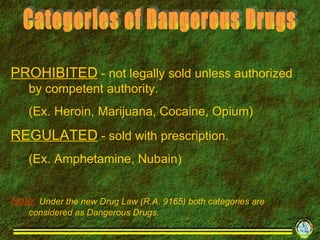 PROHIBITED  - not legally sold unless authorized by competent authority.  (Ex. Heroin, Marijuana, Cocaine, Opium) REGULATED  - sold with prescription. (Ex. Amphetamine, Nubain) Note:   Under the new Drug Law (R.A. 9165) both categories are considered as Dangerous Drugs. Categories of Dangerous Drugs 
