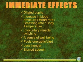 Dilated pupils Increase in blood  pressure / Heart rate / Breathing rate / Body Temperature Involuntary muscle twitching A sense of well being  Feels energetic/alert Less hunger Slurred speech IMMEDIATE EFFECTS  