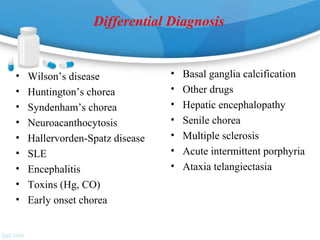 Differential Diagnosis
• Wilson’s disease
• Huntington’s chorea
• Syndenham’s chorea
• Neuroacanthocytosis
• Hallervorden-Spatz disease
• SLE
• Encephalitis
• Toxins (Hg, CO)
• Early onset chorea
• Basal ganglia calcification
• Other drugs
• Hepatic encephalopathy
• Senile chorea
• Multiple sclerosis
• Acute intermittent porphyria
• Ataxia telangiectasia
 