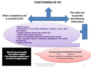 AGRA PUBLIC PHARMACY COLLEGE,
ARTONI, AGRA, UP, INDIA
19
FUNCTIONING OF PIC
When a telephonic call
is received at PIC
The caller has
to provide
the following
information
THE FOLLOWING INFORMATIONIS PROVIDED
➢ The diagnosis
➢ How to proceed for emergency management
➢The possible antidote
 
