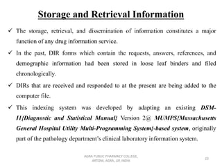 Storage and Retrieval Information
✓ The storage, retrieval, and dissemination of information constitutes a major
function of any drug information service.
✓ In the past, DIR forms which contain the requests, answers, references, and
demographic information had been stored in loose leaf binders and filed
chronologically.
✓ DIRs that are received and responded to at the present are being added to the
computer file.
✓ This indexing system was developed by adapting an existing DSM-
I1{Diagnostic and Statistical Manual} Version 2@ MUMPS{Massachusetts
General Hospital Utility Multi-Programming System}-based system, originally
part of the pathology department’s clinical laboratory information system.
AGRA PUBLIC PHARMACY COLLEGE,
ARTONI, AGRA, UP, INDIA
23
 