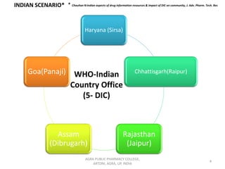 AGRA PUBLIC PHARMACY COLLEGE,
ARTONI, AGRA, UP, INDIA
4
INDIAN SCENARIO*
Haryana (Sirsa)
Chhattisgarh(Raipur)
Rajasthan
(Jaipur)
Assam
(Dibrugarh)
Goa(Panaji) WHO-Indian
Country Office
(5- DIC)
* Chauhan N:Indian aspects of drug information resources & impact of DIC on community, J. Adv. Pharm. Tech. Res
 