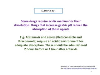 24
PRINCIPLES OF CLINICAL PHARMACOLOGY, THIRD EDITION
DOI: http://dx.doi.org/10.1016/B978-0-12-385471-1.00015-5
Gastric pH
Some drugs require acidic medium for their
dissolution. Drugs that increase gastric pH reduce the
absorption of these agents
E.g. Atazanavir and azoles (Ketoconazole and
Itraconazole) require an acidic environment for
adequate absorption. These should be administered
2 hours before or 1 hour after antacids
 