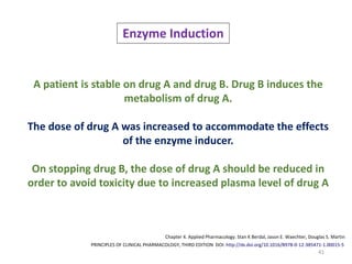 41
Enzyme Induction
A patient is stable on drug A and drug B. Drug B induces the
metabolism of drug A.
The dose of drug A was increased to accommodate the effects
of the enzyme inducer.
On stopping drug B, the dose of drug A should be reduced in
order to avoid toxicity due to increased plasma level of drug A
PRINCIPLES OF CLINICAL PHARMACOLOGY, THIRD EDITION DOI: http://dx.doi.org/10.1016/B978-0-12-385471-1.00015-5
Chapter 4. Applied Pharmacology. Stan K Berdal, Jason E. Waechter, Douglas S. Martin
 