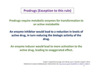 44
Prodrugs (Exception to this rule)
Prodrugs require metabolic enzymes for transformation to
an active metabolite
An enzyme inhibitor would lead to a reduction in levels of
active drug, in turn reducing the biologic activity of the
drug.
An enzyme inducer would lead to more activation to the
active drug, leading to exaggerated effect.
PRINCIPLES OF CLINICAL PHARMACOLOGY, THIRD EDITION DOI: http://dx.doi.org/10.1016/B978-0-12-385471-1.00015-5
Chapter 4. Applied Pharmacology. Stan K Berdal, Jason E. Waechter, Douglas S. Martin
 