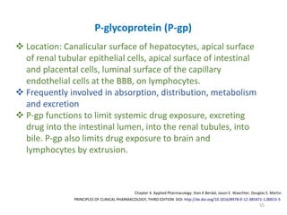 55
P-glycoprotein (P-gp)
 Location: Canalicular surface of hepatocytes, apical surface
of renal tubular epithelial cells, apical surface of intestinal
and placental cells, luminal surface of the capillary
endothelial cells at the BBB, on lymphocytes.
 Frequently involved in absorption, distribution, metabolism
and excretion
 P-gp functions to limit systemic drug exposure, excreting
drug into the intestinal lumen, into the renal tubules, into
bile. P-gp also limits drug exposure to brain and
lymphocytes by extrusion.
PRINCIPLES OF CLINICAL PHARMACOLOGY, THIRD EDITION DOI: http://dx.doi.org/10.1016/B978-0-12-385471-1.00015-5
Chapter 4. Applied Pharmacology. Stan K Berdal, Jason E. Waechter, Douglas S. Martin
 
