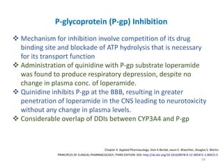56
PRINCIPLES OF CLINICAL PHARMACOLOGY, THIRD EDITION DOI: http://dx.doi.org/10.1016/B978-0-12-385471-1.00015-5
Chapter 4. Applied Pharmacology. Stan K Berdal, Jason E. Waechter, Douglas S. Martin
P-glycoprotein (P-gp) Inhibition
 Mechanism for inhibition involve competition of its drug
binding site and blockade of ATP hydrolysis that is necessary
for its transport function
 Administration of quinidine with P-gp substrate loperamide
was found to produce respiratory depression, despite no
change in plasma conc. of loperamide.
 Quinidine inhibits P-gp at the BBB, resulting in greater
penetration of loperamide in the CNS leading to neurotoxicity
without any change in plasma levels.
 Considerable overlap of DDIs between CYP3A4 and P-gp
 