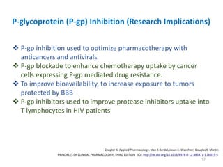 57
PRINCIPLES OF CLINICAL PHARMACOLOGY, THIRD EDITION DOI: http://dx.doi.org/10.1016/B978-0-12-385471-1.00015-5
Chapter 4. Applied Pharmacology. Stan K Berdal, Jason E. Waechter, Douglas S. Martin
P-glycoprotein (P-gp) Inhibition (Research Implications)
 P-gp inhibition used to optimize pharmacotherapy with
anticancers and antivirals
 P-gp blockade to enhance chemotherapy uptake by cancer
cells expressing P-gp mediated drug resistance.
 To improve bioavailability, to increase exposure to tumors
protected by BBB
 P-gp inhibitors used to improve protease inhibitors uptake into
T lymphocytes in HIV patients
 